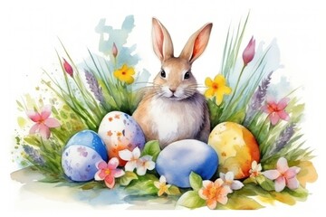 Fototapeta na wymiar Watercolor illustrations for Easter with a rabbit and colored eggs