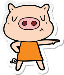 sticker of a cartoon content pig in dress pointing