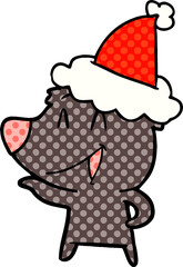 laughing bear hand drawn comic book style illustration of a wearing santa hat