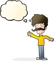 cartoon waving mustache man with thought bubble