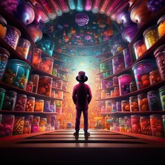 The silhouette of a boy against a background of sweets, in the style of Wonka