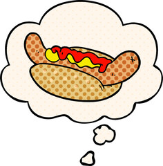 cartoon hot dog with thought bubble in comic book style