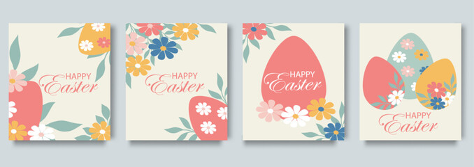 Happy Easter greeting card, social media post, banner, sale poster, cover, invitation. Trendy design with typography, flowers eggs and bunny. Modern art minimalist style.