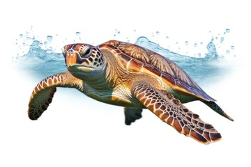 A turtle swimming in the water with bubbles.