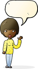 cartoon woman waving with speech bubble