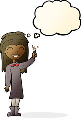 cartoon friendly witch girl with thought bubble