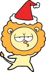 hand drawn line drawing of a bored lion wearing santa hat