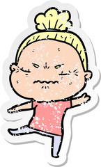 distressed sticker of a cartoon annoyed old lady