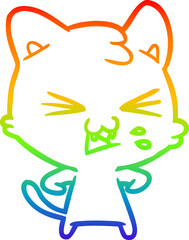rainbow gradient line drawing of a cartoon cat hissing