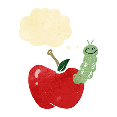 cartoon bug eating apple with thought bubble