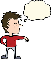 cartoon man making camp gesture with thought bubble