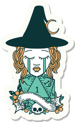 sticker of a crying human witch with natural D20 roll