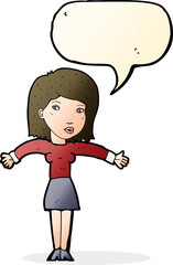 cartoon woman shrugging shoulders with speech bubble