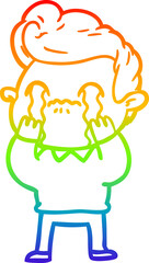 rainbow gradient line drawing of a cartoon man crying