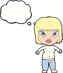 cartoon overweight woman with thought bubble