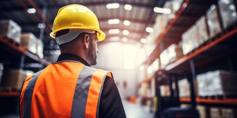 A man wearing a hard hat in a warehouse.