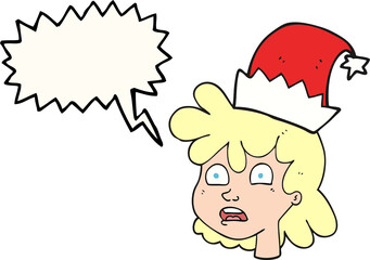 freehand drawn speech bubble cartoon stressed woman wearing santa hat