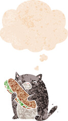 cartoon cat with sandwich with thought bubble in grunge distressed retro textured style