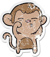 distressed sticker of a cartoon suspicious monkey