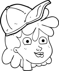 freehand drawn black and white cartoon woman wearing cap