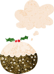 cartoon christmas pudding with thought bubble in grunge distressed retro textured style