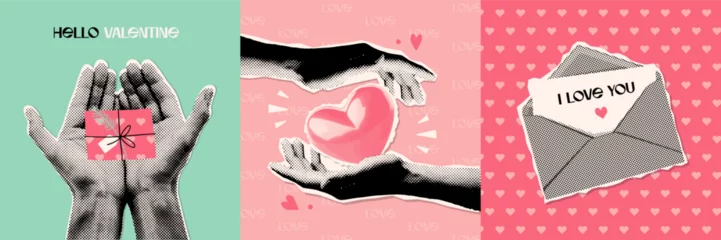 Foto op Aluminium Creative set of Valentine's day greeting card covers with Halftone hand giving gift, letter and heart. Contemporary Valentine Collage Retro celebration poster for Social Media. Vector illustration 80s © LanaSham