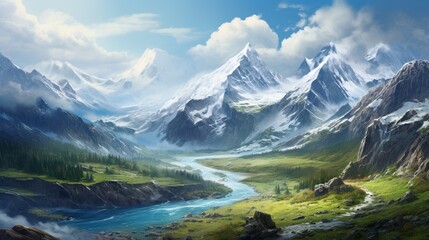 An expansive mountain range panorama with snow-capped peaks and a winding river below - obrazy, fototapety, plakaty