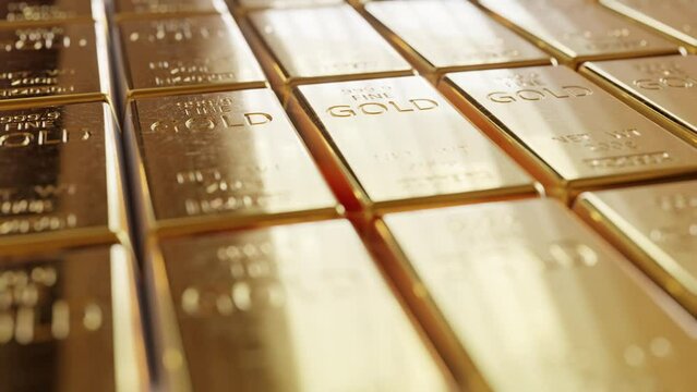 Real gold bars in the bank's vault. Gold is the best investment. Gold ingots are always in price and their value is constantly growing. A deposit in gold bars is financial stability, seamless loop 4k.