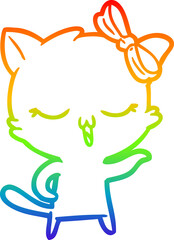 rainbow gradient line drawing of a cartoon cat with bow on head