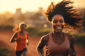 young african sports women running in the morning - obrazy, fototapety, plakaty