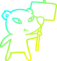 cold gradient line drawing of a cute cartoon polar bear with protest sign