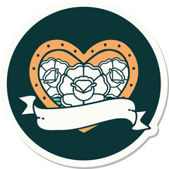 sticker of tattoo in traditional style of a heart and banner with flowers