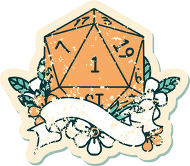 Retro Tattoo Style natural one d20 dice roll