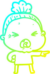 cold gradient line drawing of a cartoon angry old woman