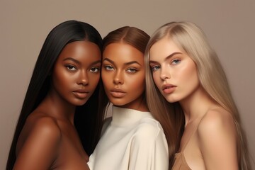 Portrait of three young multiracial women standing together and looking to the camera isolated over a pastel background
