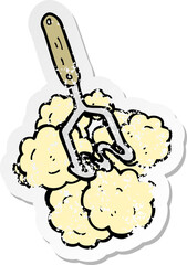 retro distressed sticker of a cartoon potato masher