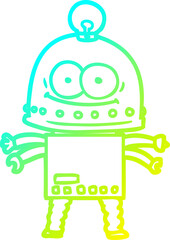 cold gradient line drawing of a happy carton robot with light bulb