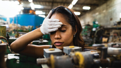 A tired worker in a warehouse resting her head on her hand. Generative AI used.

 - obrazy, fototapety, plakaty