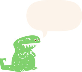 cartoon dinosaur with speech bubble in retro style