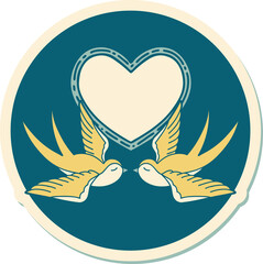 sticker of tattoo in traditional style of swallows and a heart