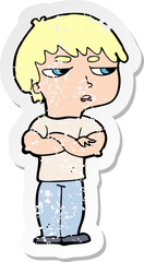 retro distressed sticker of a cartoon annoyed boy
