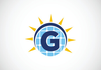 English alphabet G with solar panel and sun sign. Sun solar energy logo vector illustration