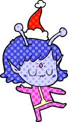 hand drawn comic book style illustration of a alien girl wearing santa hat