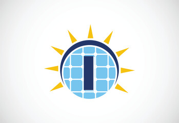 English alphabet I with solar panel and sun sign. Sun solar energy logo vector illustration