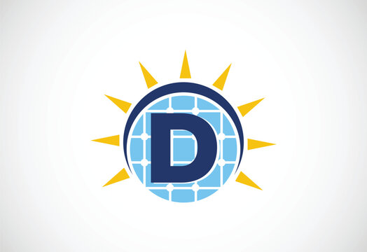 English alphabet D with solar panel and sun sign. Sun solar energy logo vector illustration