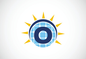 Fototapeta premium English alphabet O with solar panel and sun sign. Sun solar energy logo vector illustration