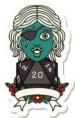 sticker of a half orc rogue character with natural twenty dice roll