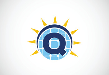 Fototapeta premium English alphabet Q with solar panel and sun sign. Sun solar energy logo vector illustration