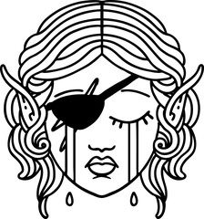 Black and White Tattoo linework Style crying elf rogue character face
