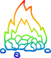 rainbow gradient line drawing of a cartoon burning coals